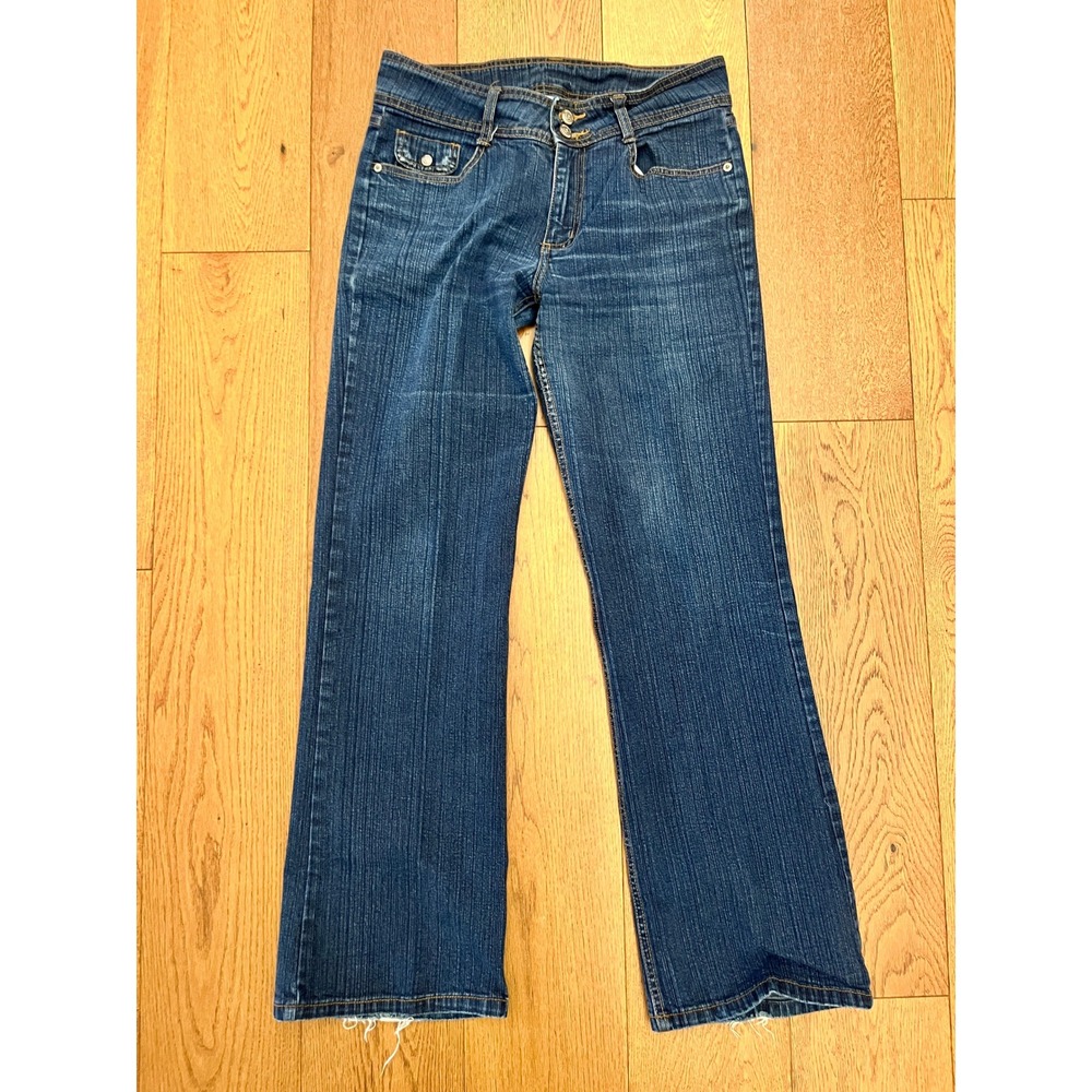 Vtg Ellemenno Y2K Flare Jeans Size 9 Double Button Blue Denim Pocket Embroidery